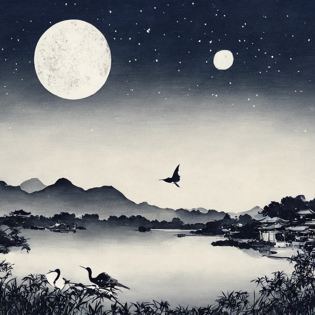 oiseau、Lac、lune、étoile、Monochromes