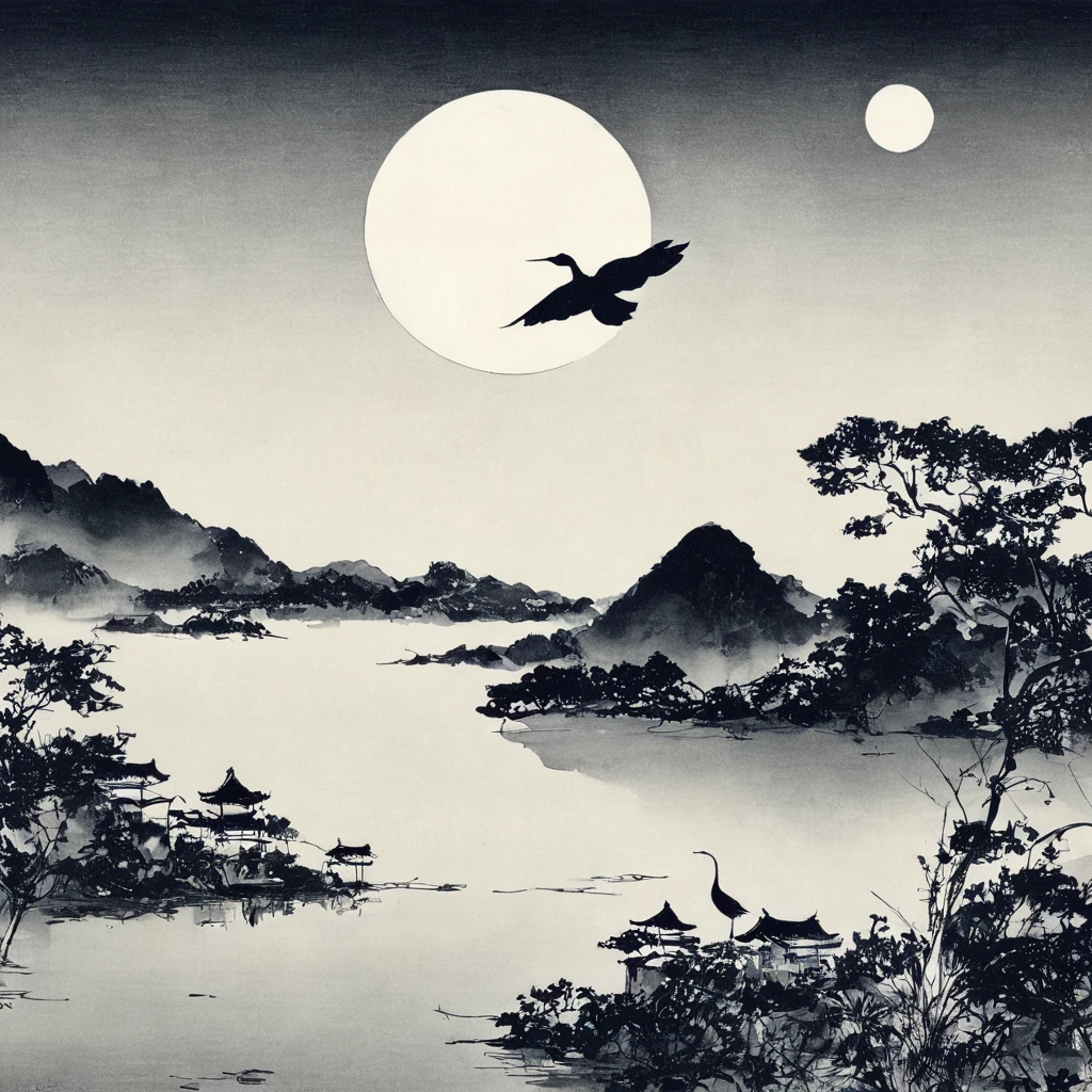 oiseau、Lac、lune、étoile、Monochromes