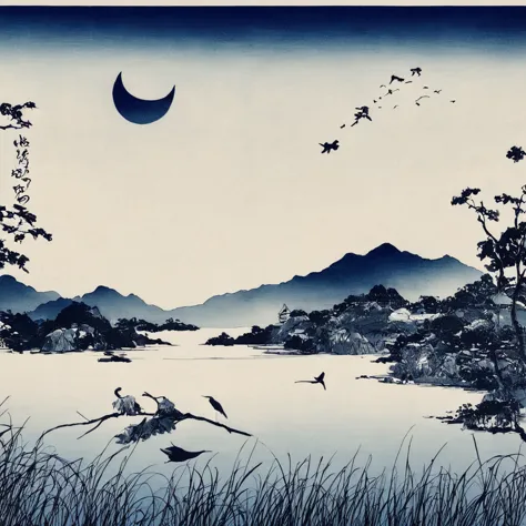 bird、lake、moon、star、Monochrome