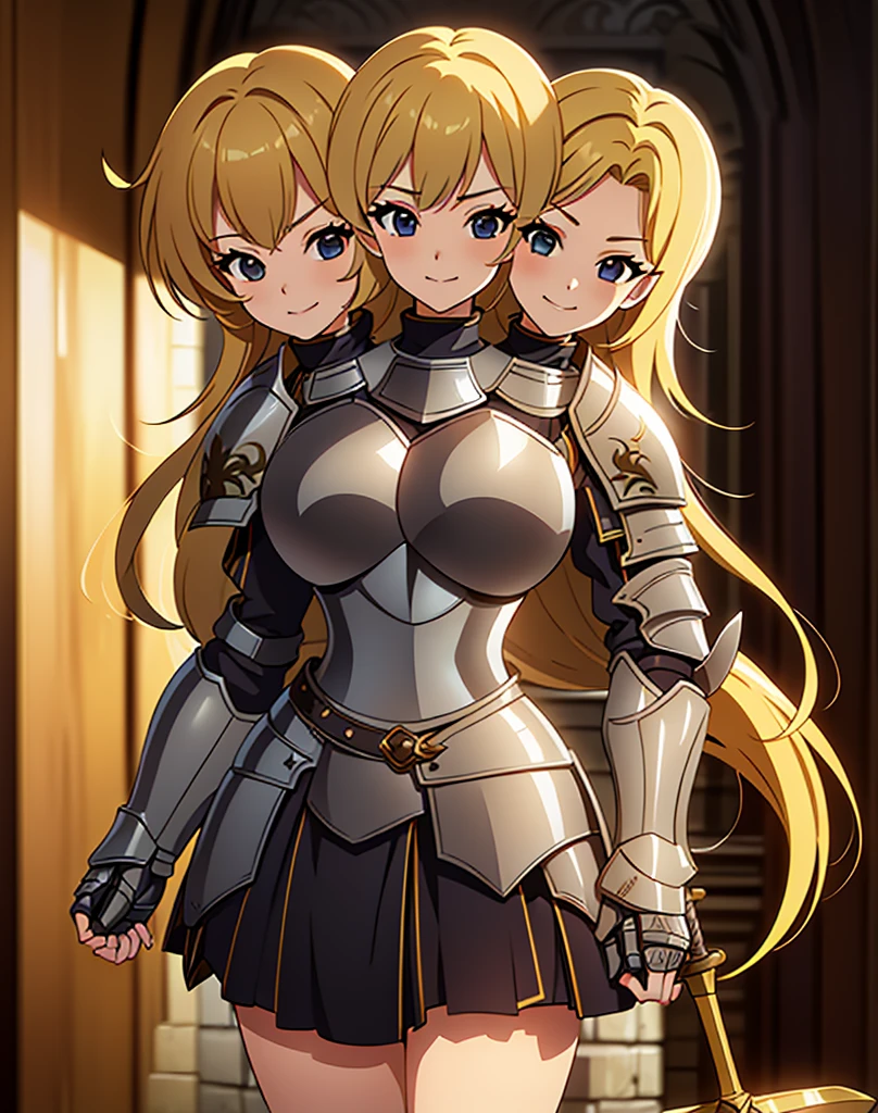 (masterpiece),(ultra-detailed), (high quality), (high resolution), (best quality:1.5, highres, UHD), highres, absurdo, ultra detail, ultra quality, (2heads:1.5), 1girl, ((golden blonde hair)), thighs, (gray armor), female warrior, (fully armored), (medieval outfit), (black eyes), armored chest piece, gorgeous female knight, Guild Clothes with Armor, Fantasyart:1.5, (1 Female Knight:1.5), Detailed and detailed depiction armor, (seductive smirk), detailed eyes, sword hilt