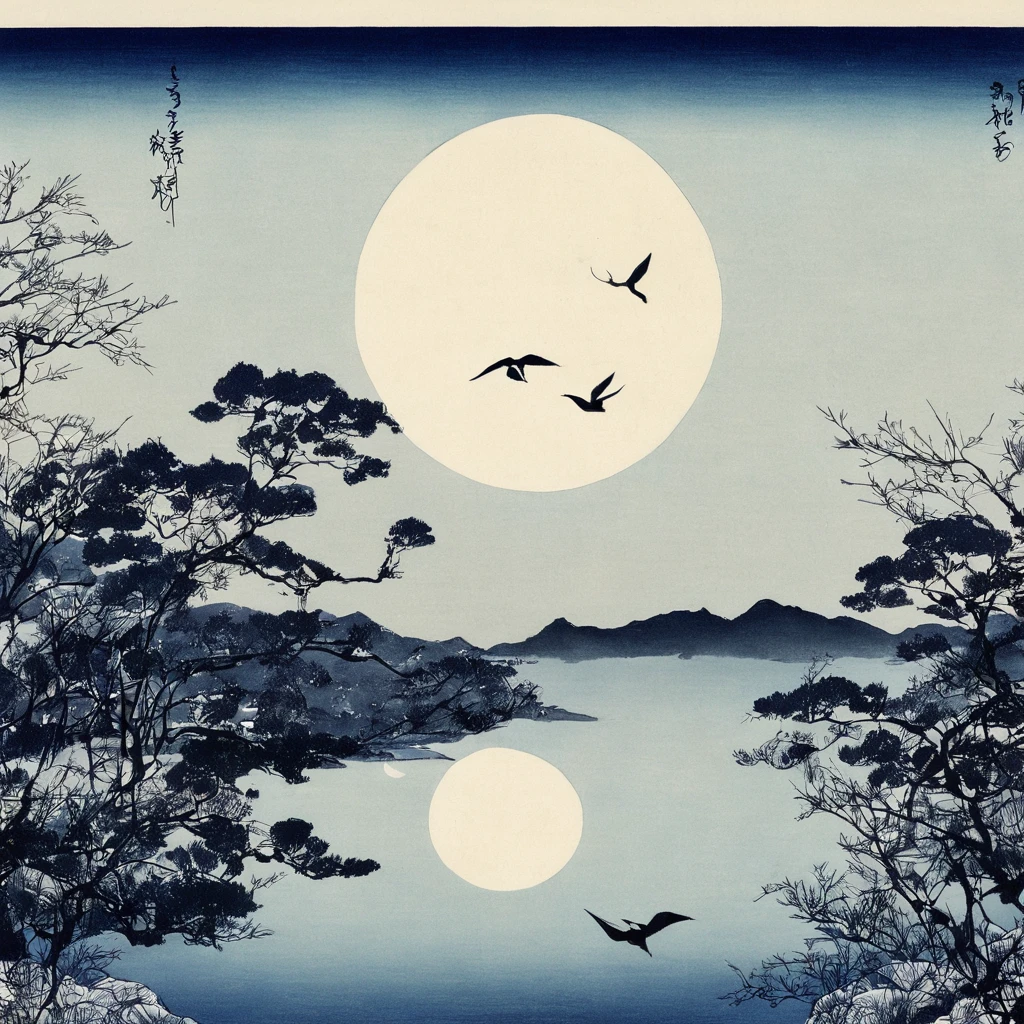 oiseau、Lac、lune、étoile、Monochromes