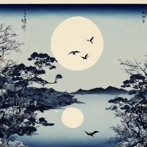bird、lake、moon、star、Monochrome