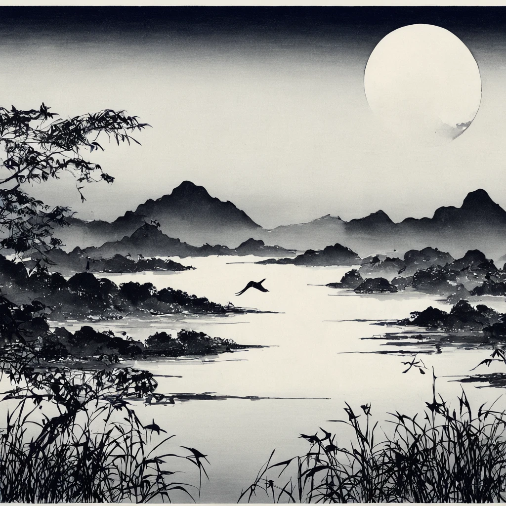 oiseau、Lac、lune、étoile、Monochromes