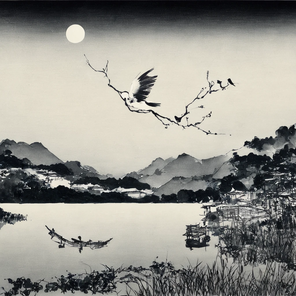 oiseau、Lac、lune、étoile、Monochromes