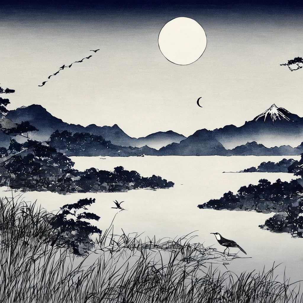 oiseau、Lac、lune、étoile、Monochromes