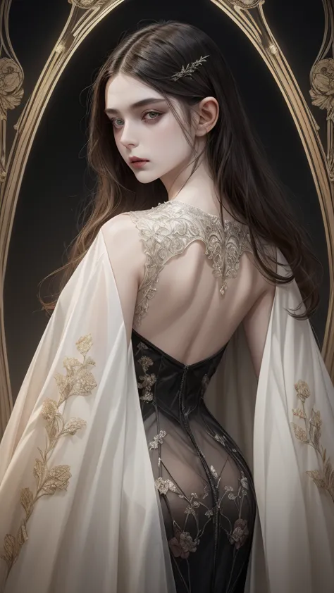 Basic Art Nouveau, (((Women))), A Vampire Woman tarot card, Woman, Perfect face, YOUNG, (((Oval face))), dark clothes, soft and ...