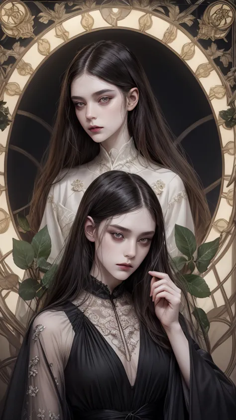 Basic Art Nouveau, (((Women))), A Vampire Woman tarot card, Woman, Perfect face, YOUNG, (((Oval face))), dark clothes, soft and ...