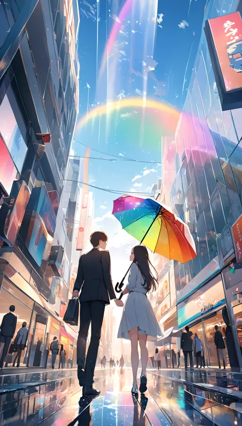 2.5D , Minimal Deformation, 
A couple holding a colorful umbrella, Two people sharing one umbrella, Cute men and women, 
BREAK O...