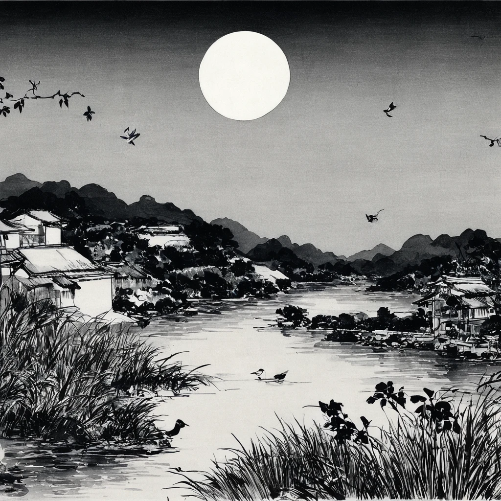 oiseau、rivière、lune、étoile、Monochromes