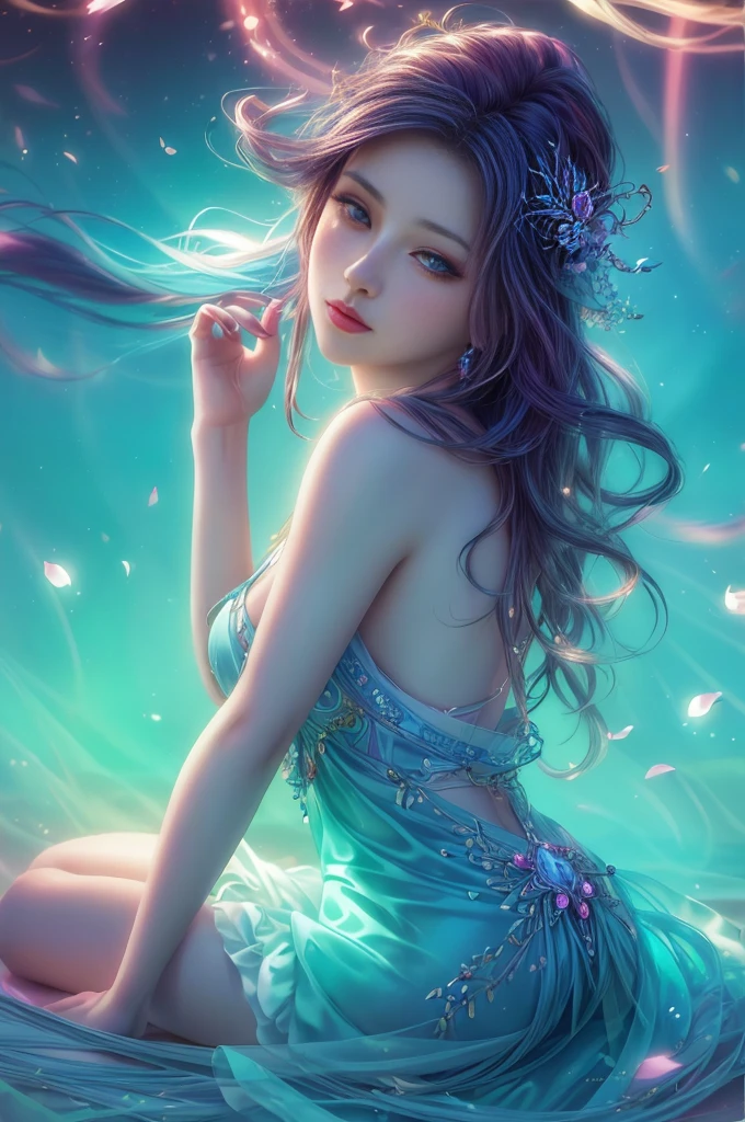 (best quality, realistic, photo-realistic:1.37), vibrant colors, smooth curves, sensual pose, soft lighting, anime-style, long flowing hair, detailed eyes and lips, alluring gaze, intricate clothing, fantasy backdrop, dreamy atmosphere.