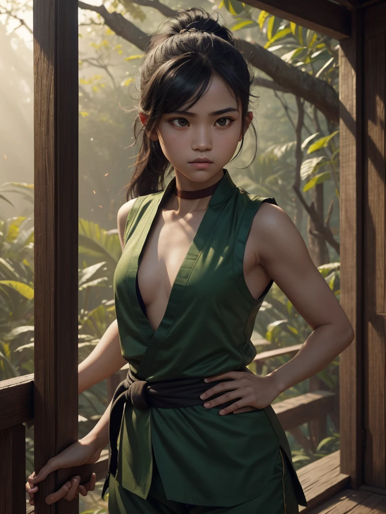 a teenage girl, master of traditional silat. beautiful detailed eyes, detailed hair, beautiful detailed lips, extremely detailed eyes and face, long eyelashes, 1girl, highschool student, 15 years old, wearing green sleeveless silat uniform no pants, flat chest, at the temple inside the forest, dynamic pose, slim physical body, shory body, detailed facial features, intense expression, dramatic lighting, cinematic composition, hyper realistic, 8k, ultra-detailed, masterpiece, photorealistic