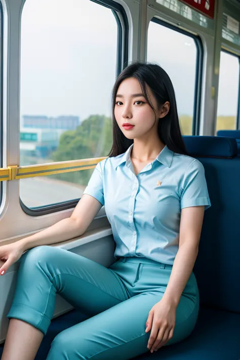 1 Korean girl, 28 years old, normal girl, black hair, delicate facial features, porcelain skin, Big body, light-blue Shirt, grey...