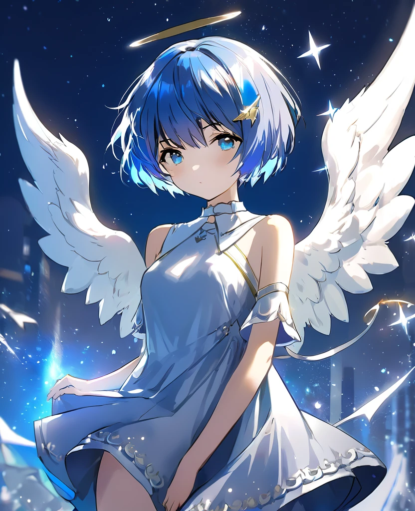 cute , Dress up in fantasy, short hair, Blue Hair, 4k resolution, 最high quality, In public, masterpiece, Narrow grey eyes, Broken Angel Halo, high quality, 