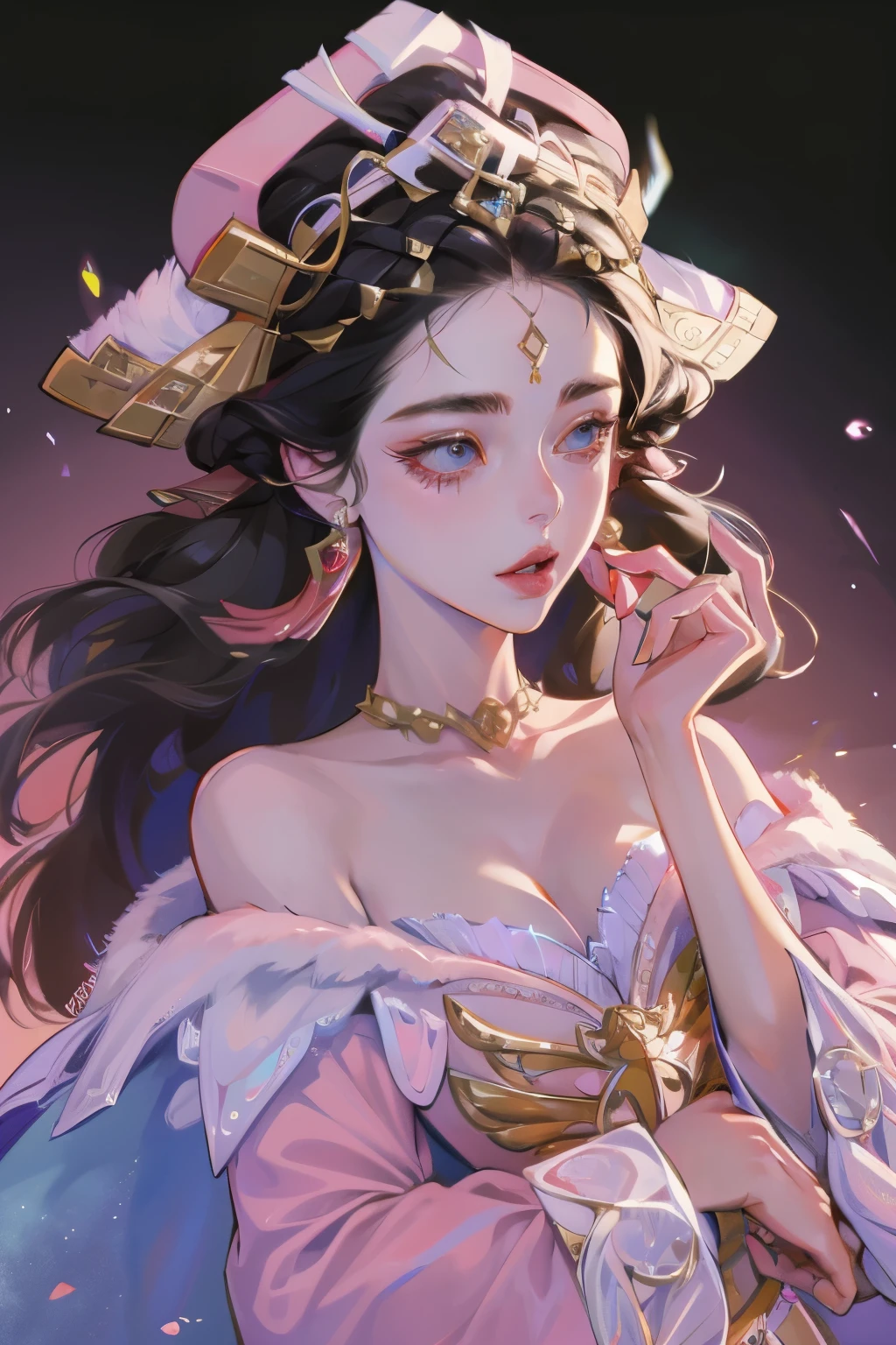 8K，best quality，1 girl，Pink clothes，Sapphire eyes and beautiful facial details，masterpiece，best quality，close up，Upper Body，Wearing a red fur cape，Off-shoulder，Black Hair，Gold hair accessories
