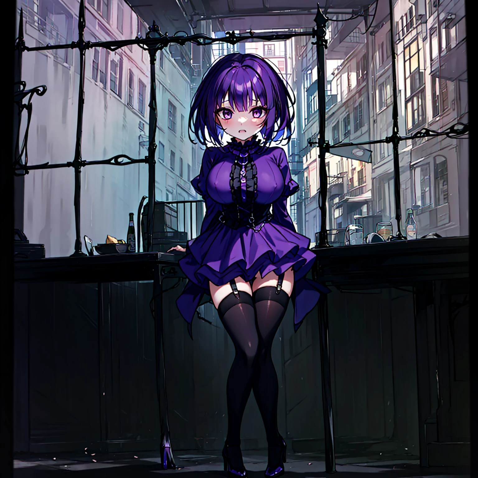 (solo), (1 skinny short girl:1.2), in the dark hall of mansion, (midnight), purple eyes over hair, Gothic Lolita, arms behind back, BREAK, (black short hair), (bursting lhuge breasts:1.1), (bouncing huge breasts:1.1), pale white skins, (skinny narrow waist), skinny legs, BREAK, (frilled layered black short dress), (frilled black cape), close chest, frilled long sleeve, show off thigh gap, (frilled black thighhighs:1.1), stiletto heels, BREAK, sad face, orgasm, coverd erectile nipples