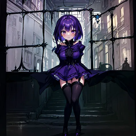 (solo), (1 skinny short girl:1.2), in the dark hall of mansion, (midnight), purple eyes over hair, Gothic Lolita, arms behind ba...