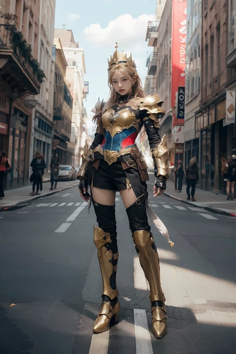 A woman adorned in fantasy-style full-body armor, a crown-concept fully enclosed helmet that unveils only her eyes, a composite layered chest plate, fully encompassing shoulder and hand guards, a lightweight waist armor, form-fitting shin guards, the overall design is heavy-duty yet flexible, ((the armor gleams with a golden glow, complemented by red and blue accents)), exhibiting a noble aura, she floats above a fantasy-surreal high-tech city, this character embodies a finely crafted fantasy-surreal style armored hero in anime style, exquisite and mature manga art style, (Queen bee mixed with Spider concept Armor), ((Nordic, elegant, goddess, femminine:1.5)), metallic, high definition, best quality, highres, ultra-detailed, ultra-fine painting, extremely delicate, professional, anatomically correct, symmetrical face, extremely detailed eyes and face, high quality eyes, creativity, RAW photo, UHD, 32k, Natural light, cinematic lighting, masterpiece-anatomy-perfect, masterpiece:1.5