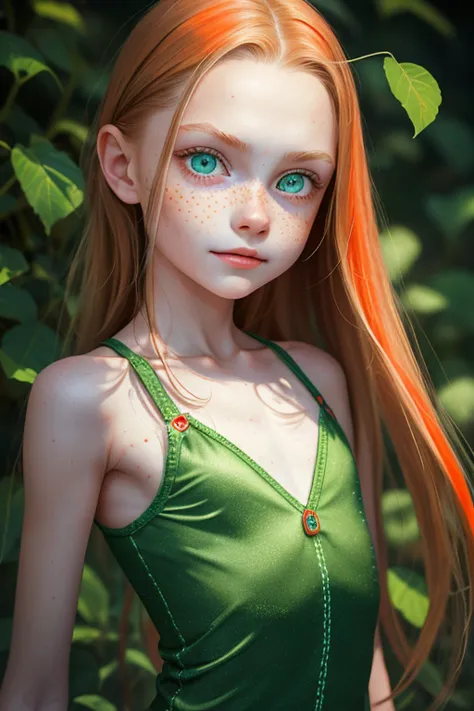 Realistic portrait of an 11-year-old Russian girl, alone, beautiful girl, Glowing green eyes, Perfect Eyes, The body is slim, Ve...