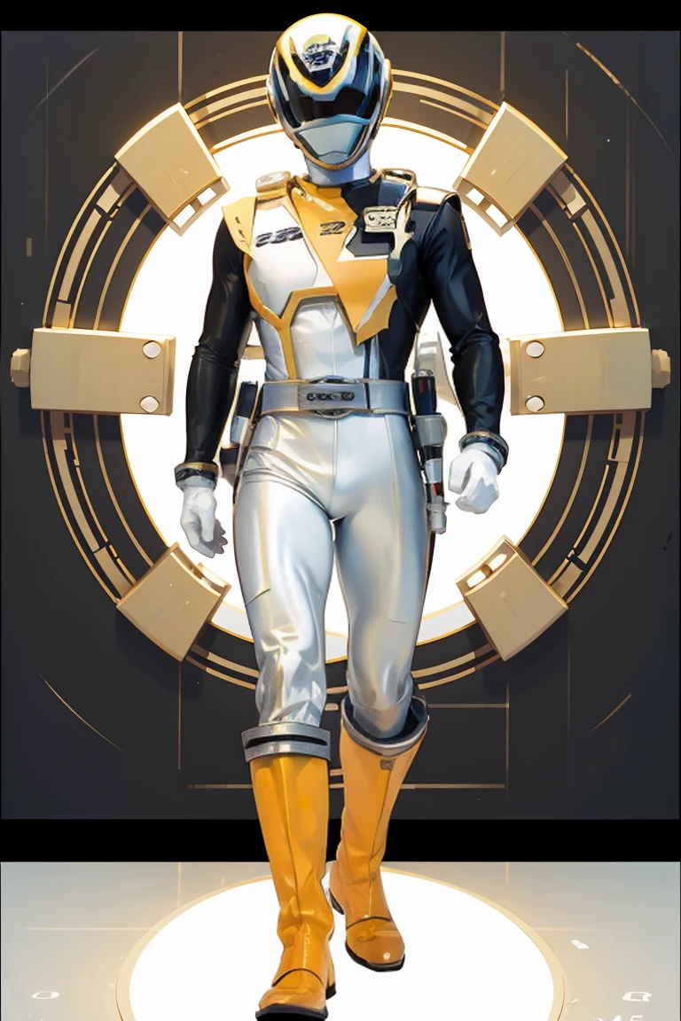 1garçon, blanc, tout le corps, illustration, lumière cinématographique, haute résolution, Meilleure qualité, ultra détaillé, chef-d&#39;œuvre, power costume, powerranger, costume, vitesse, (blanc ranger costume)), détail doré