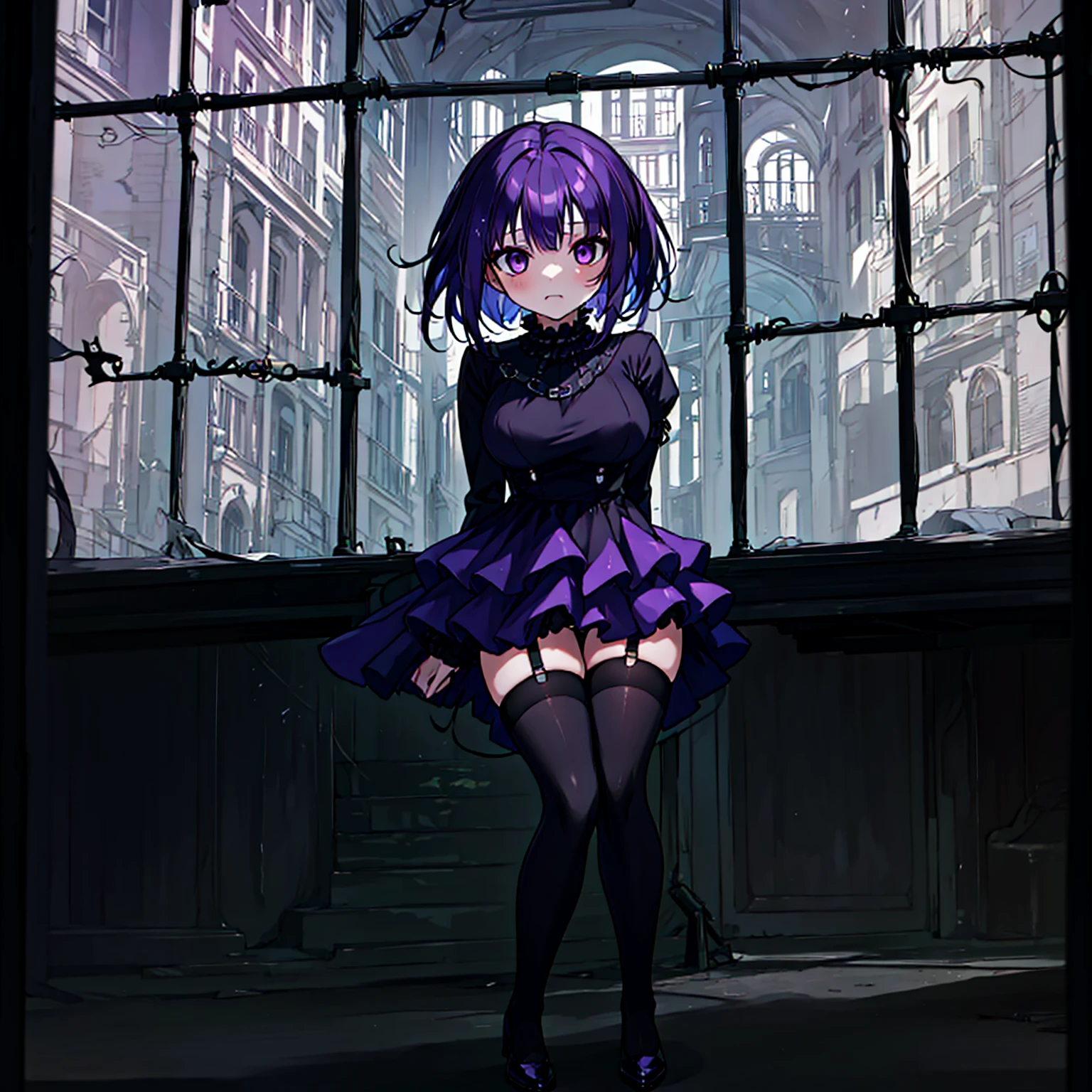 (solo), (1 skinny short girl:1.2), in the dark hall of mansion, (midnight), purple eyes over hair, Gothic Lolita, arms behind back, BREAK, (black short hair), (bursting huge breasts:1.1), (bouncing huge breasts:1.1), pale white skins, (skinny narrow waist), skinny legs, BREAK, (frilled layered black short dress), (frilled black cape), close chest, frilled long sleeve, show off thigh gap, (frilled black thighhighs:1.1), stiletto heels, BREAK, sad face, orgasm, coverd erectile nipples