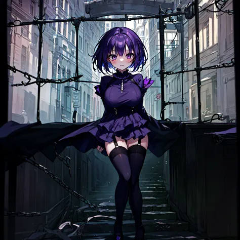 (solo), (1 skinny short girl:1.2), in the dark hall of mansion, (midnight), purple eyes over hair, Gothic Lolita, arms behind ba...