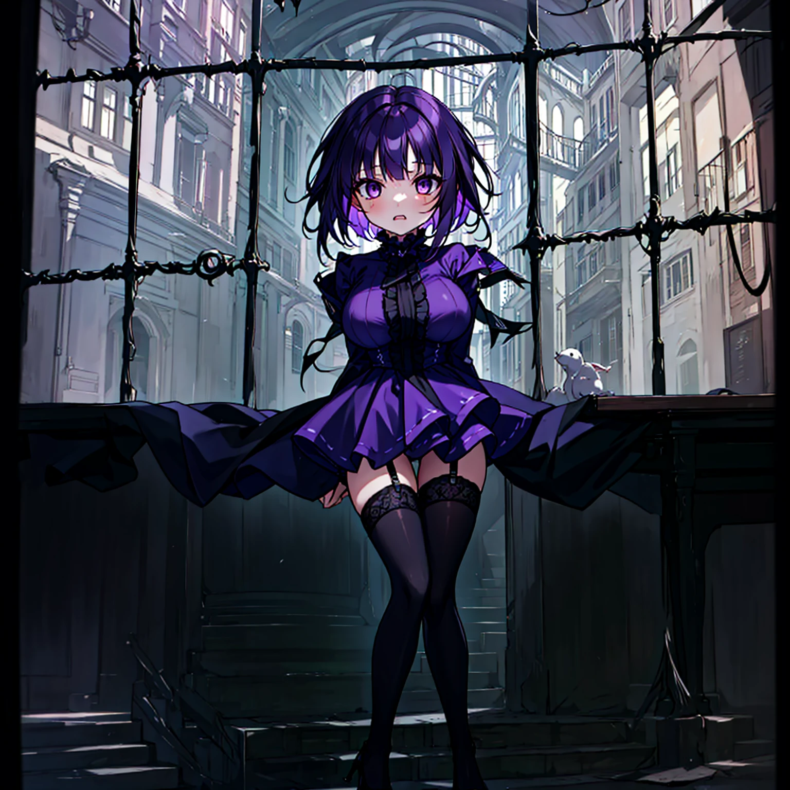 (solo), (1 skinny short girl:1.2), in the dark hall of mansion, (midnight), purple eyes over hair, Gothic Lolita, arms behind back, BREAK, (black short hair), (bursting huge breasts:1.1), (bouncing huge breasts:1.1), pale white skins, (skinny narrow waist), skinny legs, BREAK, (frilled layered black short dress), (frilled black cape), close chest, frilled long sleeve, show off thigh gap, (frilled black thighhighs:1.1), stiletto heels, BREAK, sad face, orgasm, coverd erectile nipples