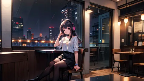 20-year-old female, 90s anime style, rain, coffee shop,, woman wearing headphones, late night cafe,listening to music alone, cit...