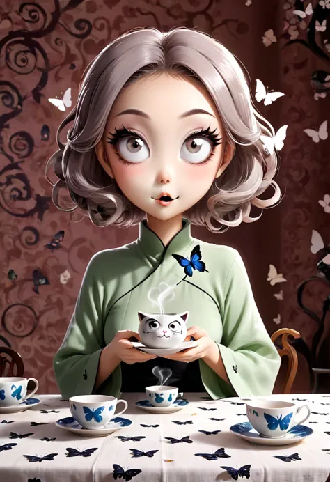 The beautiful Tatsumaki, With her huge eyes she looks amazed and with a big smile while she drinks tea from ceramic cups with gh...