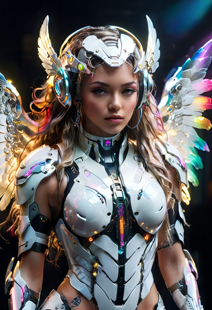 Cyborg-Kämpfer, große Flügel, white cyberpunk armor, Klare Acrylabdeckung, langes, gewelltes Regenbogenhaar, leuchtende Haut, cyberpunk style, Futuristische Kopfbedeckung, komplizierte Details, Hyperrealistisch, filmische Beleuchtung, dramatische pose, volumetrische Beleuchtung, fotorealistisch, 8k, Extrem detailliert, Ihr ganzer Körper ist zu sehen, (Ganzkörper:1.5), perfekte Gesichter