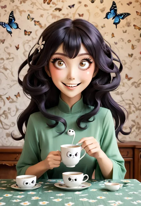 The beautiful Tatsumaki, With her huge eyes she looks amazed and with a big smile while she drinks tea from ceramic cups with gh...