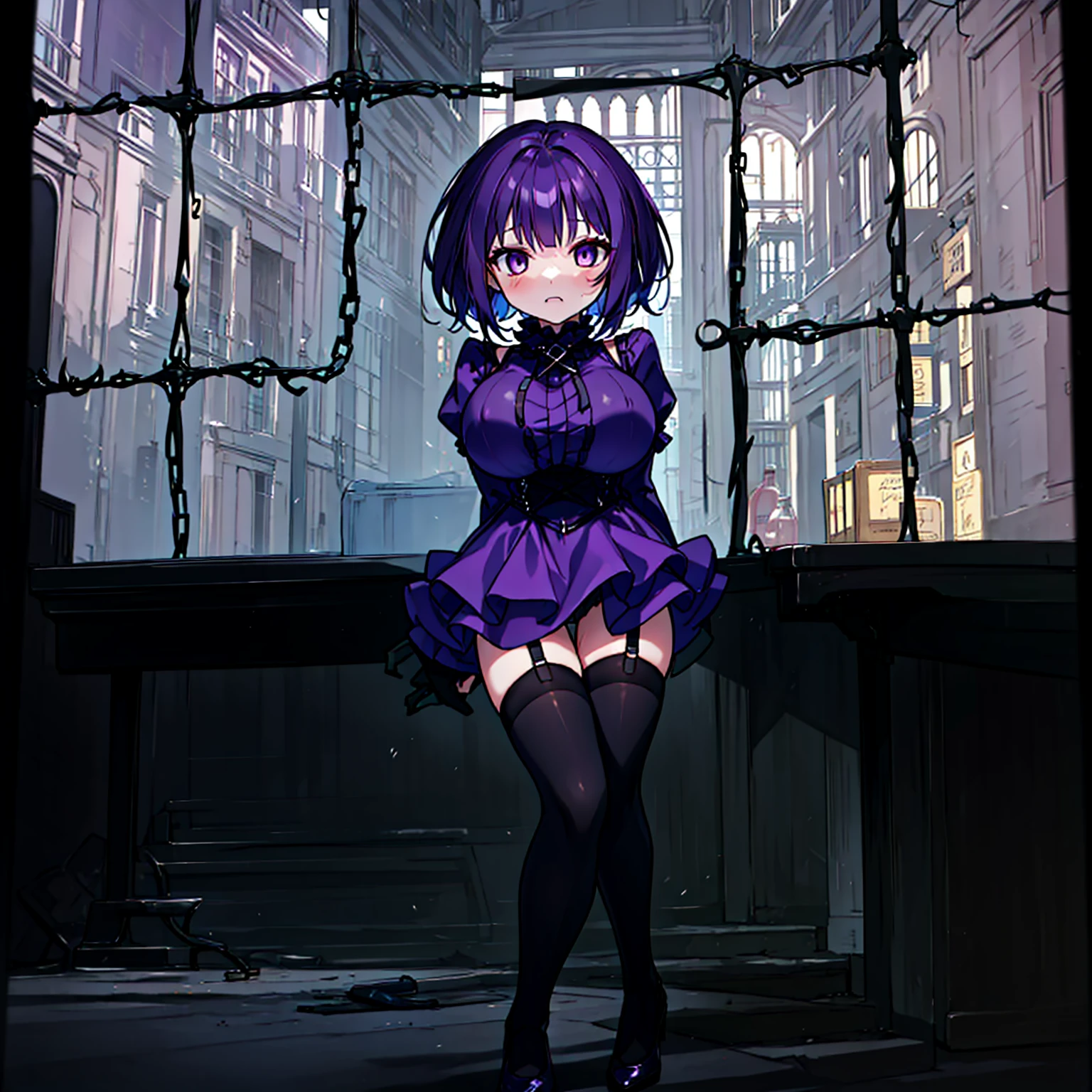 (solo), (1 skinny short girl:1.2), in the dark hall of mansion, (midnight), purple eyes over hair, Gothic Lolita, arms behind back, BREAK, (black short hair), (bursting huge breasts:1.1), (bouncing huge breasts:1.2), pale white skins, (skinny narrow waist), skinny legs, BREAK, (frilled layered black short dress), (frilled black cape), close chest, frilled long sleeve, show off thigh gap, (frilled black thighhighs:1.1), stiletto heels, BREAK, sad face, orgasm, coverd erectile nipples