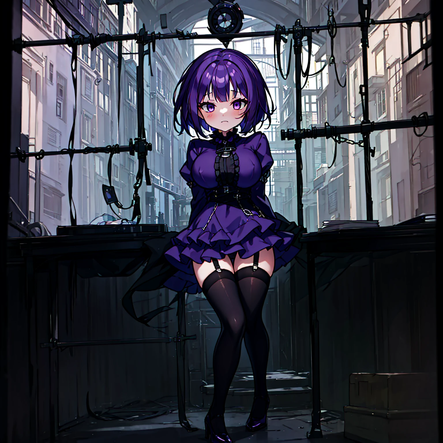 (solo), (1 skinny short girl:1.2), in the dark hall of mansion, (midnight), purple eyes over hair, Gothic Lolita, arms behind back, BREAK, (black short hair), (bursting huge breasts:1.1), (bouncing huge breasts:1.2), pale white skins, (skinny narrow waist), skinny legs, BREAK, (frilled layered black short dress), (frilled black cape), close chest, frilled long sleeve, show off thigh gap, (frilled black thighhighs:1.1), stiletto heels, BREAK, sad face, orgasm, coverd erectile nipples