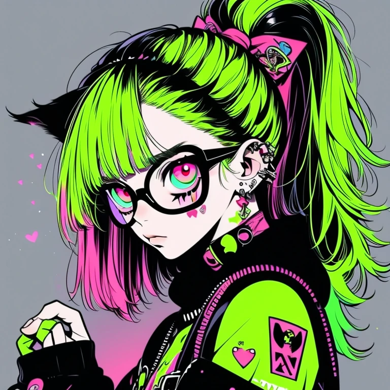 Punk Rock Emo Girl, there is nothing, Coke-bottle_glasses:1.2，Wolf Girl, Her long neon green hair was tied in two ponytails., Tattoo sleeves and piercings, Red eyes, thin, skinny, short, Harajuku-style punk fashion, There are no twins, One person