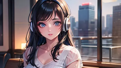 a young woman in a retro anime-style cafe, rain outside the window, drinking coffee, wearing headphones and listening to music a...