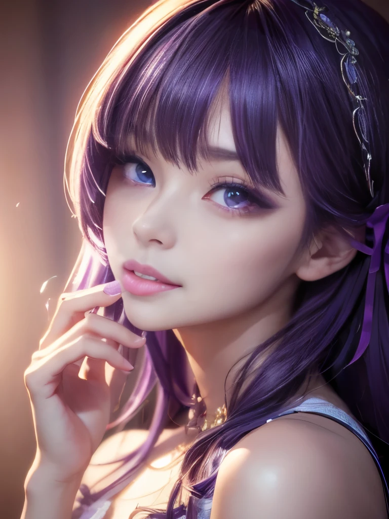 (32K) 16K, 8k, Raw photo:1.5, Ultra high definition, Super detailed face, Description, Small Mouth, ((Soft lips,Biting your lip:1.2)), make, female々Shii, Purple Hair, (Purple Eyes,Amethyst Eyes), Amethyst Sparkle, High resolution, perfection. Portraiture. Perfection body. Half Body.