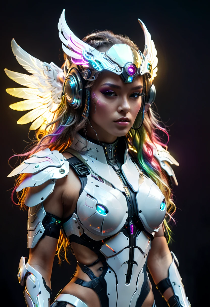 cyborg fighter, large wings, white cyberpunk armor, acrylic clear cover, long rainbow wavy hair, glowing skin, cyberpunk style, futuristic headgear, intricate details, hyper realistic, cinematic lighting, dramatic pose, volumetric lighting, photorealistic, 8k, ultra detailed, her entire body is shown, (full body:1.5), perfect faces