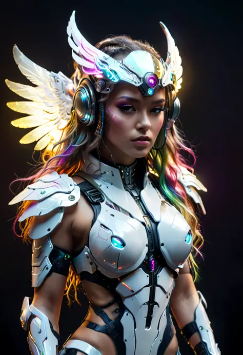 cyborg fighter, large wings, white cyberpunk armor, acrylic clear cover, long rainbow wavy hair, glowing skin, cyberpunk style, ...