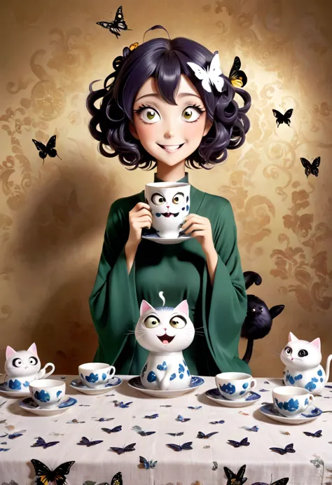 The beautiful Tatsumaki, With her huge eyes she looks amazed and with a big smile while she drinks tea from ceramic cups with gh...