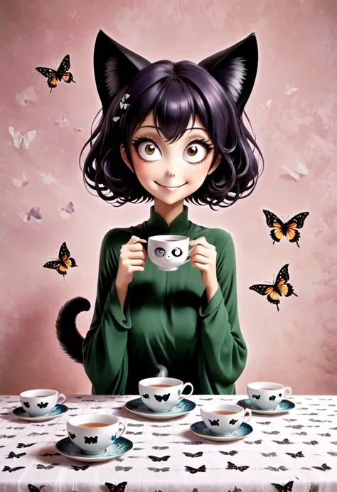 The beautiful Tatsumaki, With her huge eyes she looks amazed and with a big smile while she drinks tea from ceramic cups with gh...