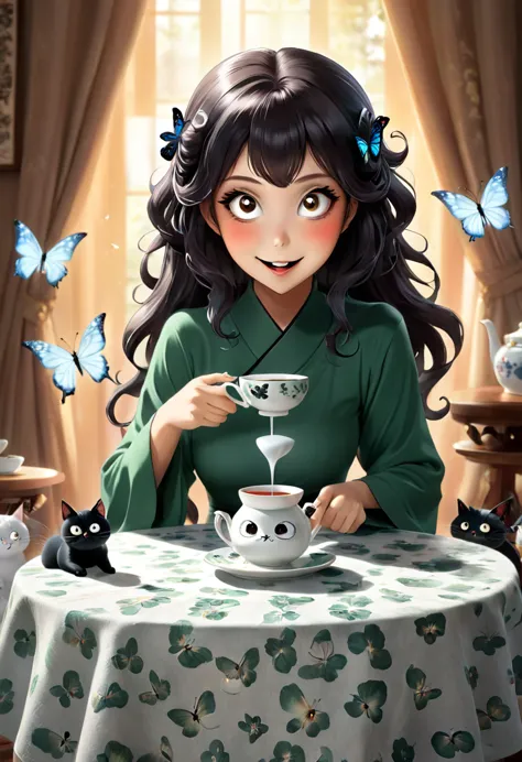 The beautiful Tatsumaki, With her huge eyes she looks amazed and with a big smile while she drinks tea from ceramic cups with gh...