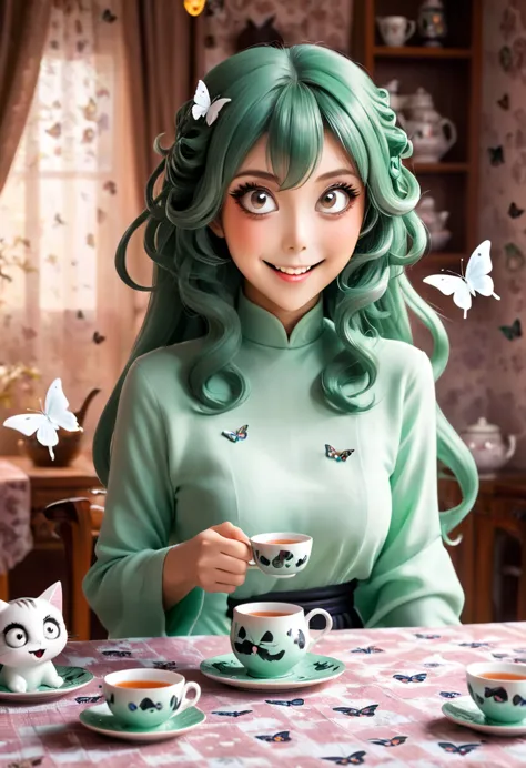 The beautiful Tatsumaki, With her huge eyes she looks amazed and with a big smile while she drinks tea from ceramic cups with gh...