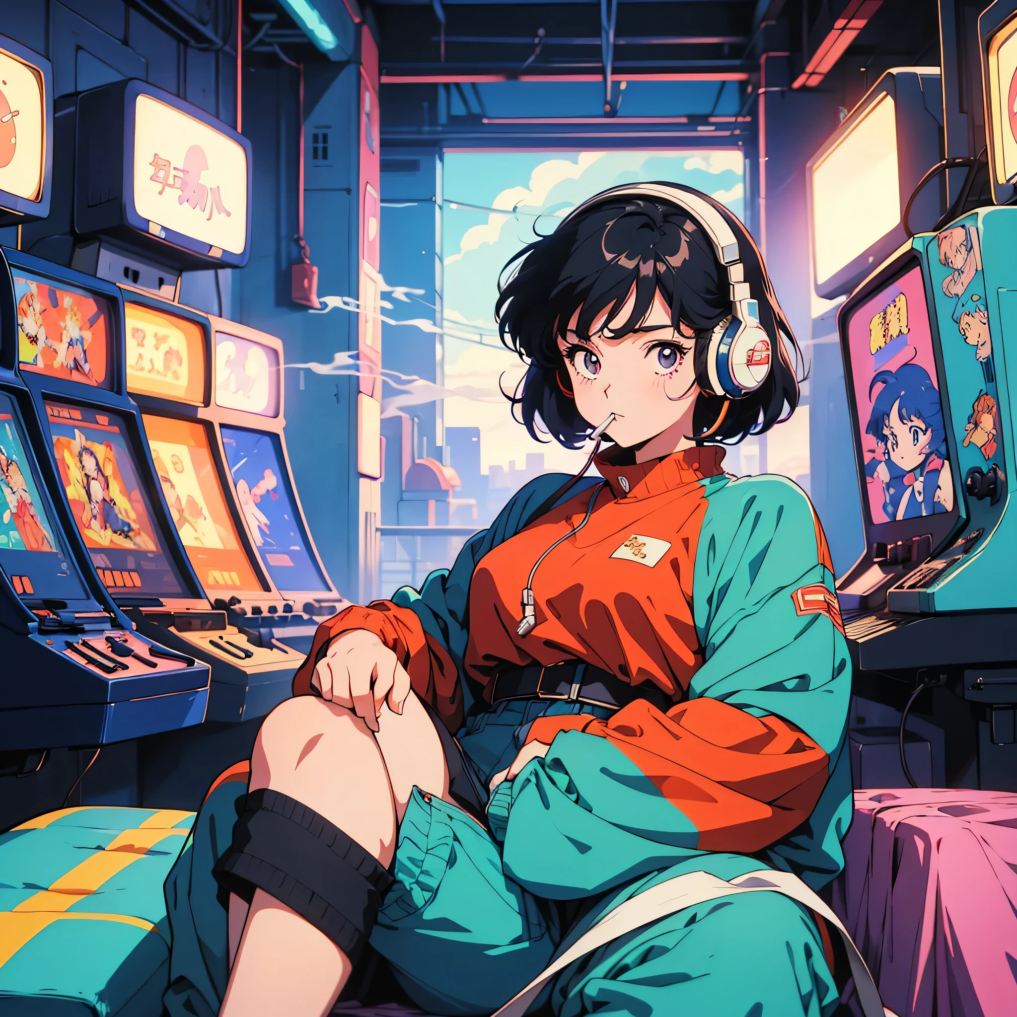 Retro arcade anime girl, 80&#39;s anime atmosphere, 80s anime style, Retro Anime Girls, 1980's anime style, Retro anime images, Anime atmosphere, Playing games, Smoking、４ｋ、Wearing headphones