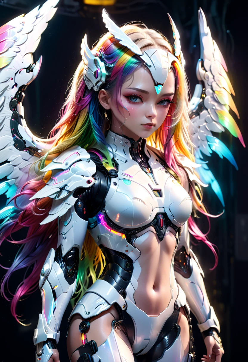 cyborg fighter, large wings, white cyberpunk armor, acrylic clear cover, long rainbow wavy hair, glowing skin, cyberpunk style, futuristic headgear, intricate details, hyper realistic, cinematic lighting, dramatic pose, volumetric lighting, photorealistic, 8k, ultra detailed, her entire body is shown, (full body:1.5), perfect faces