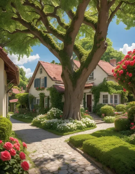 create a vibrant and serene neighborhood scene under a clear blue sky filled with fluffy white clouds. the focal point is a larg...