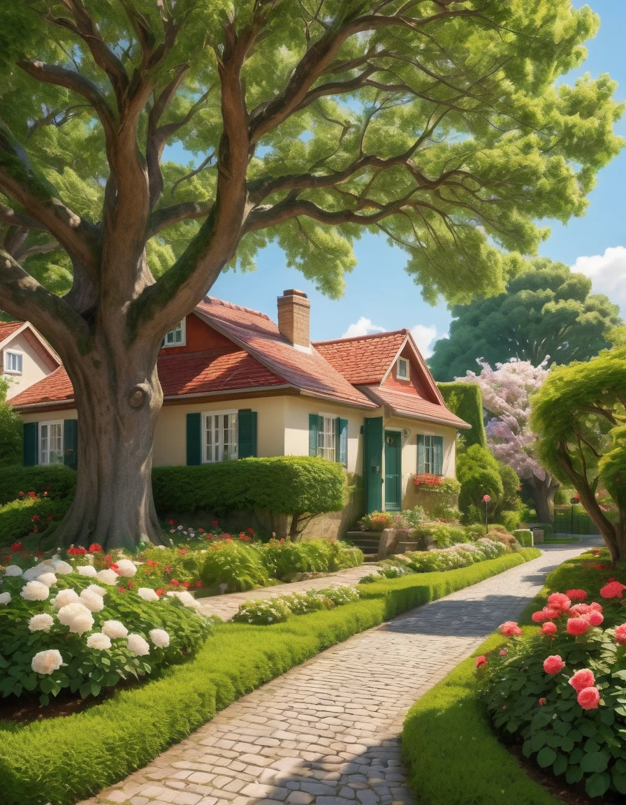 Create a vibrant and serene neighborhood scene under a clear blue sky filled with fluffy white clouds. The focal point is a large, ancient tree with a thick, textured trunk and sprawling branches covered in lush green foliage. The sunlight filters through the leaves, casting dappled shadows on a cobblestone pathway that winds through the quaint, well-kept houses with red-tiled roofs and wooden exteriors. One house prominently features a "Lazy Days" sign, a mailbox, and a flower garden filled with blooming roses and other colorful plants. The overall atmosphere is peaceful, with bright, natural colors and a warm, inviting feel. Hyper realistic photo, 16k, Vibrant colors