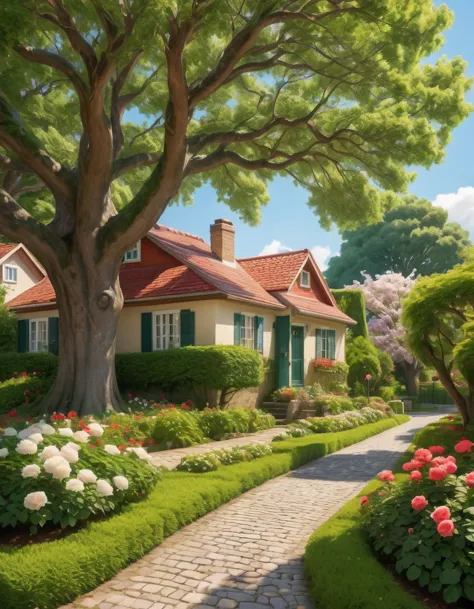 create a vibrant and serene neighborhood scene under a clear blue sky filled with fluffy white clouds. the focal point is a larg...