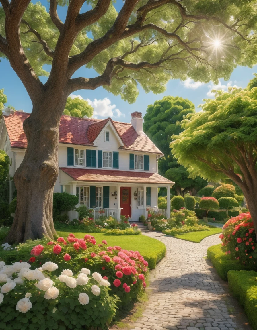 Create a vibrant and serene neighborhood scene under a clear blue sky filled with fluffy white clouds. The focal point is a large, ancient tree with a thick, textured trunk and sprawling branches covered in lush green foliage. The sunlight filters through the leaves, casting dappled shadows on a cobblestone pathway that winds through the quaint, well-kept houses with red-tiled roofs and wooden exteriors. One house prominently features a "Lazy Days" sign, a mailbox, and a flower garden filled with blooming roses and other colorful plants. The overall atmosphere is peaceful, with bright, natural colors and a warm, inviting feel. Hyper realistic photo, 16k, Vibrant colors