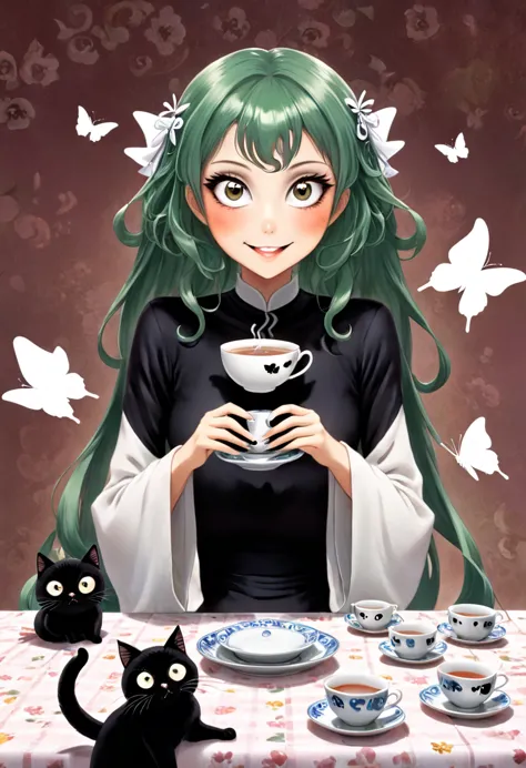 the beautiful tatsumaki, with her huge eyes she looks amazed and with a big smile while she drinks tea from ceramic cups with gh...