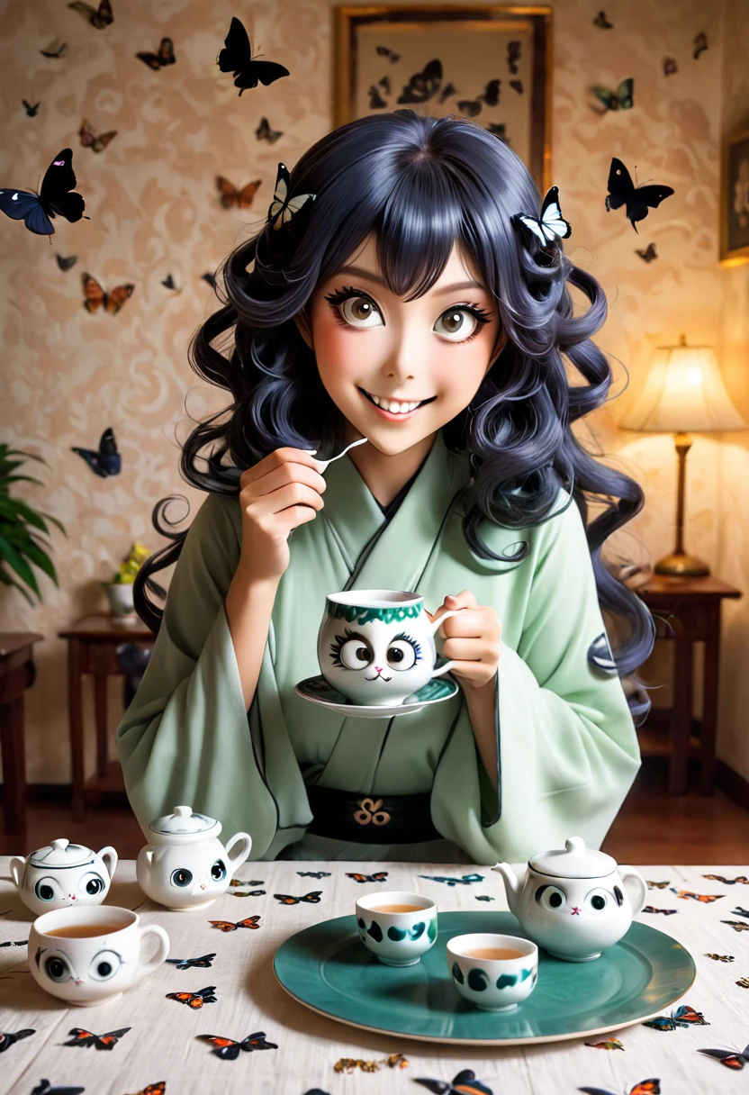 The beautiful Tatsumaki, With her huge eyes she looks amazed and with a big smile while she drinks tea from ceramic cups with ghostly cat shapes while the butterflies flutter around the table and the tablecloth..