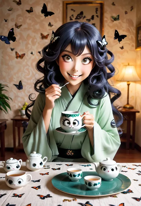 The beautiful Tatsumaki, With her huge eyes she looks amazed and with a big smile while she drinks tea from ceramic cups with gh...